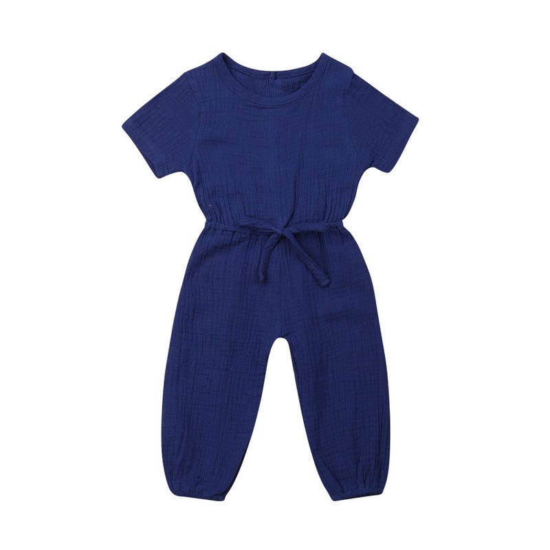 Mubineo Toddler Baby Girl Summer Fall Basic Plain Short Sleeve Cotton Linen Drawstring Romper Jumpsuit (Royal Blue, 4-5T) - Image 1